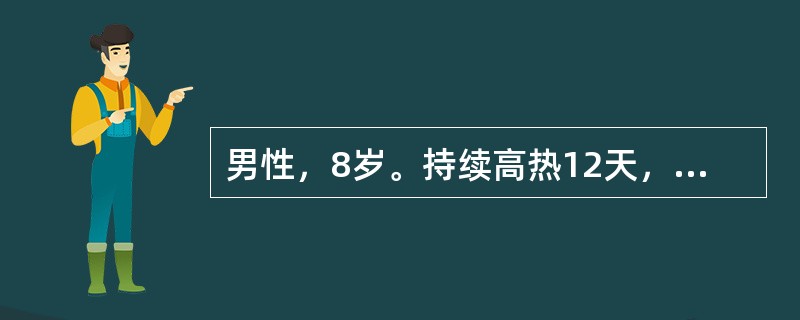 男性，8岁。持续高热12天，伴腹泻每日3～5次，右下腹隐痛住院。体验：肝肋下2cm，脾肋下5cm。化验：WBC 2.5×10<sup>9</sup>/L，杆状粒细胞0.10（1
