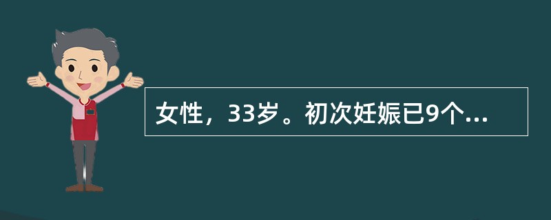 女性，33岁。初次妊娠已9个月，近2周来觉气急、咳嗽来诊。体检：半卧位，心率110次/min，频发早搏，闻及第三心音。两肺湿啰音。肝颈回流征阳性，下肢浮肿。血压20／12.5kPa（150／94mmH