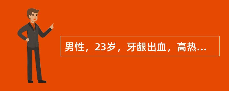 男性，23岁，牙龈出血，高热2周，查体：胸骨压痛，肝脾不大，下肢皮肤散在瘀点，WBC 96×10<sup>9</sup>/L，Hb 110g/L，PLT 24×10<su