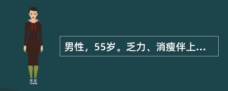 男性，55岁。乏力、消瘦伴上腹胀满半年余。查体：肝肋下2 cm，脾平脐。Hb 100 g/L，WBC 110×109/L，PLT 98×109/L，血分类：原粒5％，早幼粒3％，中幼粒10％，晚幼粒1