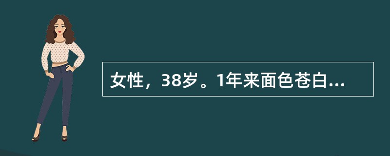 女性，38岁。1年来面色苍白伴倦怠、耳鸣就诊。化验RBC 2．5×1012/L，Hb 55g/L，MCV 75 fl（75μm3），MCH 22 pg，MCHC 0．29（29％），红细胞中央淡染区扩