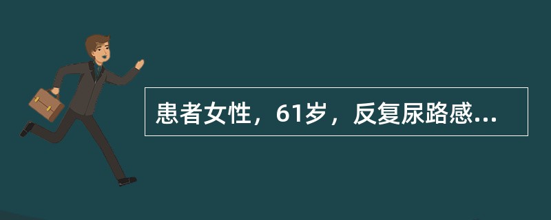 患者女性，61岁，反复尿路感染10年，近4个月出现腰痛，夜尿增多，查体：血压136/70mmHg，血常规HGB 124g/L，血肌酐109μmol/L，尿常规蛋白（±），白细胞20～30个/HP，红细