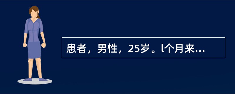 患者，男性，25岁。l个月来无原因出现下肢出血点和瘀斑，伴牙龈出血，化验Hb128g/L，WBC6．5×109/L，Plt18×109/L临床考虑为特发性血小板减少性紫癜(ITP)。<p>