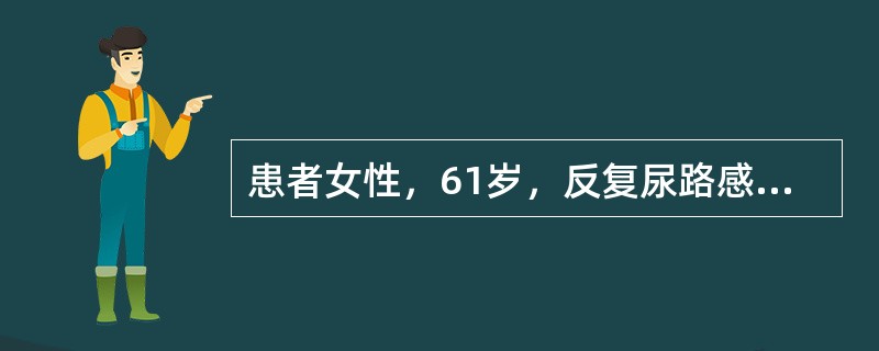患者女性，61岁，反复尿路感染10年，近4个月出现腰痛，夜尿增多，查体：血压136/70mmHg，血常规HGB 124g/L，血肌酐109μmol/L，尿常规蛋白（±），白细胞20～30个/HP，红细