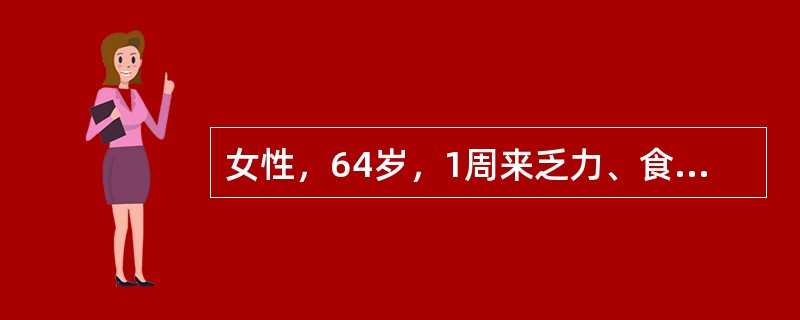 女性，64岁，1周来乏力、食欲减退、恶心、厌油，尿黄呈茶色，有时大便颜色变浅，实验室检查ALT 1920IU/A，AST 1575IU/L，T-BIL 136μmol/L，D-BIL 68μmol/L