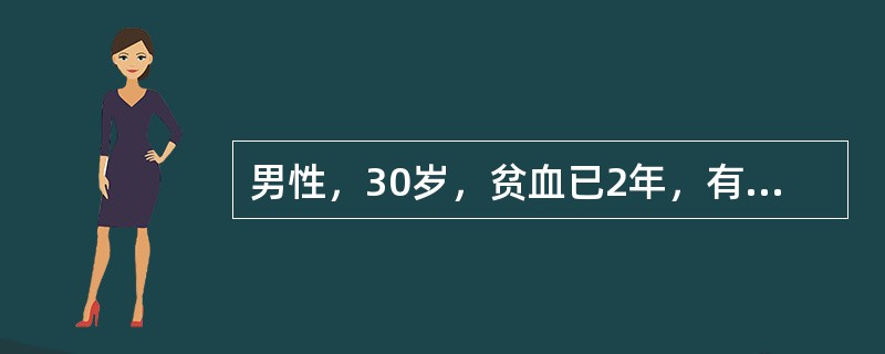 男性，30岁，贫血已2年，有肝炎史。体检：皮肤有散在的少量紫癜，肝、脾肋下未及。