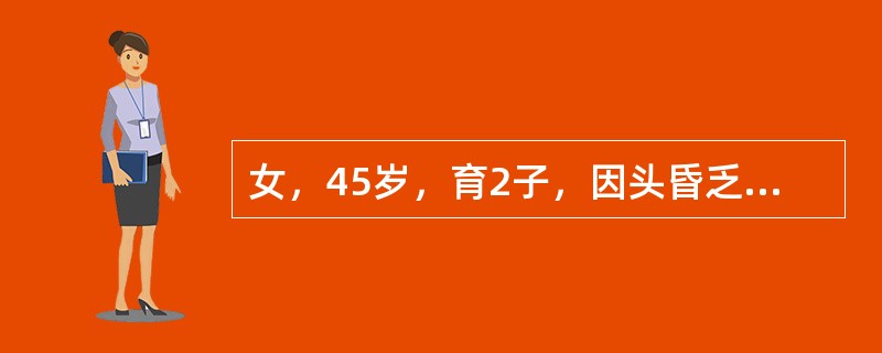 女，45岁，育2子，因头昏乏力、面色苍白1年来诊。既往有十二指肠球部溃疡20年；