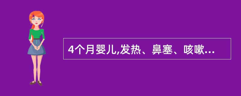 4个月婴儿,发热、鼻塞、咳嗽1天,喘鸣1天。查体:体温38℃,呼吸稍促,两肺闻及