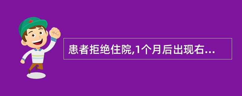 患者拒绝住院,1个月后出现右侧颜面无汗、上眼睑下垂、瞳孔缩小、眼球内陷。复查X线