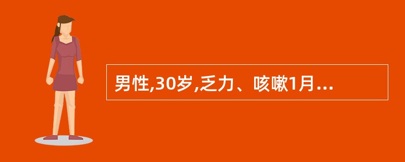 男性,30岁,乏力、咳嗽1月余,伴低热、盗汗、痰中带血1周。胸片示:右肺上叶尖段