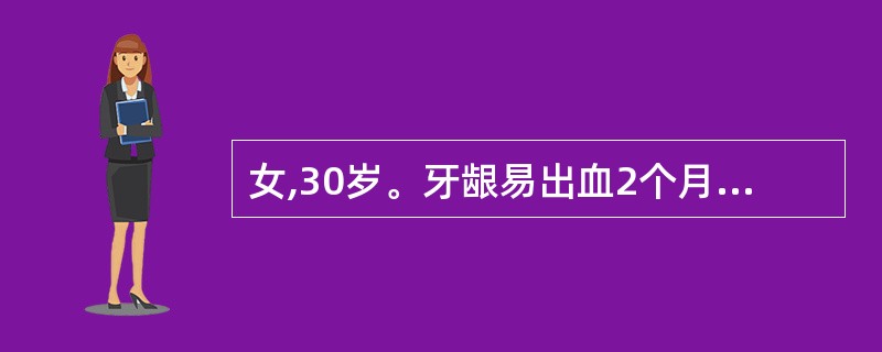 女,30岁。牙龈易出血2个月。检查:全口牙龈色红、松软光亮,右下尖牙间的龈乳头肥