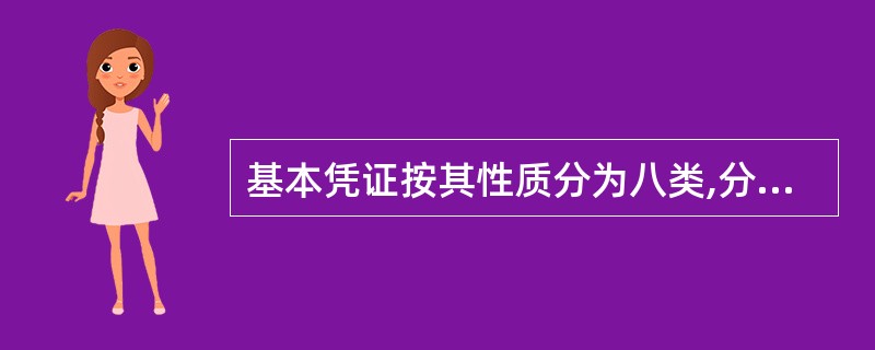 基本凭证按其性质分为八类,分别是:现金收入凭证、现金付出凭证、转账借方凭证、转账