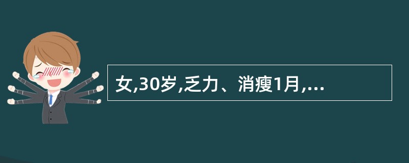 女,30岁,乏力、消瘦1月,发热1周就诊。体格检查:体温38.2℃,右颈部触及多