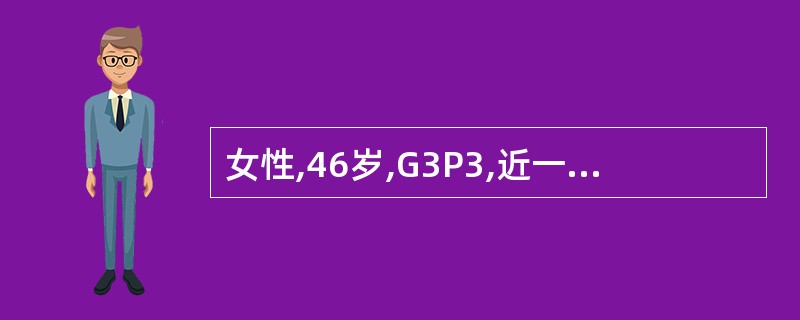 女性,46岁,G3P3,近一年来发现阴道口有肿物脱出,并出现溢尿现象,多在大笑、