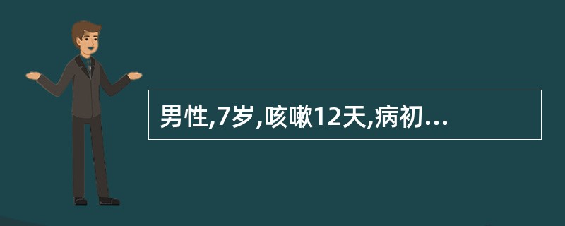 男性,7岁,咳嗽12天,病初发热,近1周咳嗽加剧,晚间明显,痰稠,伴胸痛。查体: