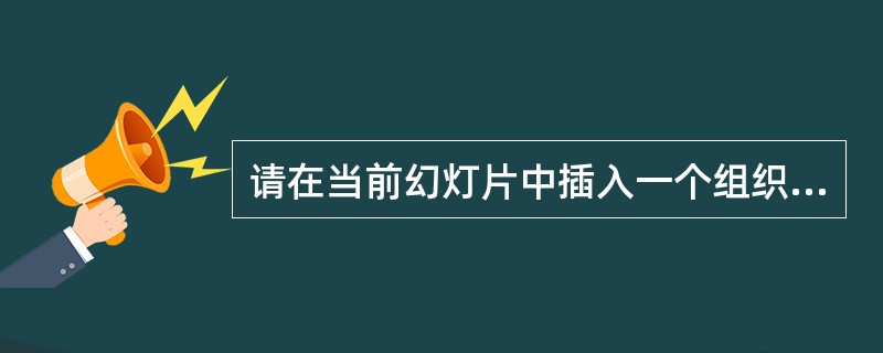 请在当前幻灯片中插入一个组织结构图,其中第一层与第二层之间有一个助手图框。 -