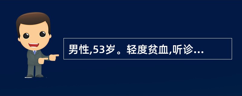 男性,53岁。轻度贫血,听诊发现心尖区收缩期吹风样杂音,柔和2£¯6级,较局限,