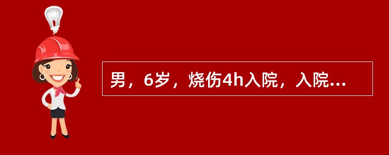 男，6岁，烧伤4h入院，入院主诉面颈和胸腹部剧烈疼痛，呼吸困难，口渴。查体：脉搏：130/分，呼吸：28/分，血压：10.7/8kPa，面色苍白，四肢湿冷，烦躁不安，声音嘶哑，肺部听诊可闻及喘鸣，尿常