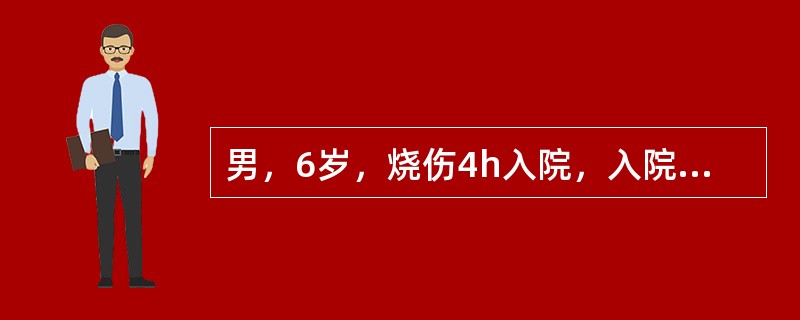 男，6岁，烧伤4h入院，入院主诉面颈和胸腹部剧烈疼痛，呼吸困难，口渴。查体：脉搏：130/分，呼吸：28/分，血压：10.7/8kPa，面色苍白，四肢湿冷，烦躁不安，声音嘶哑，肺部听诊可闻及喘鸣，尿常