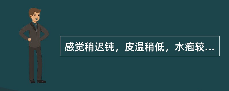 感觉稍迟钝，皮温稍低，水疱较小的是（　　）。