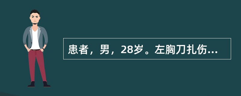 患者，男，28岁。左胸刀扎伤后半小时来院就诊，胸片检查示左侧胸腔积液，行闭式引流后，即刻引出400ml不凝血，后急诊留院观察输液监测，此后4小时内，生命体征平稳，但每小时胸引流管均可引出约110ml血