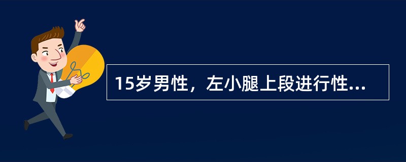 15岁男性，左小腿上段进行性疼痛3个月余，偶有轻微发热；查体：左小腿上段外侧方可触及一质硬包块，有轻微压痛。左下肢X线片示：左侧腓骨骨干边界模糊，存在不规则的破坏区，周围伴“葱皮样”反应骨形成。除骨核