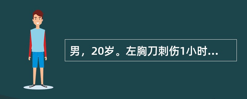 男，20岁。左胸刀刺伤1小时。体格检查：血压60／38mmHg，心率120次/分，神志清，面色苍白。胸骨左缘第3肋间见1cm的伤口，无明显呼吸困难，气管略向右偏，左胸叩诊浊音，呼吸音明显减弱。心界略向
