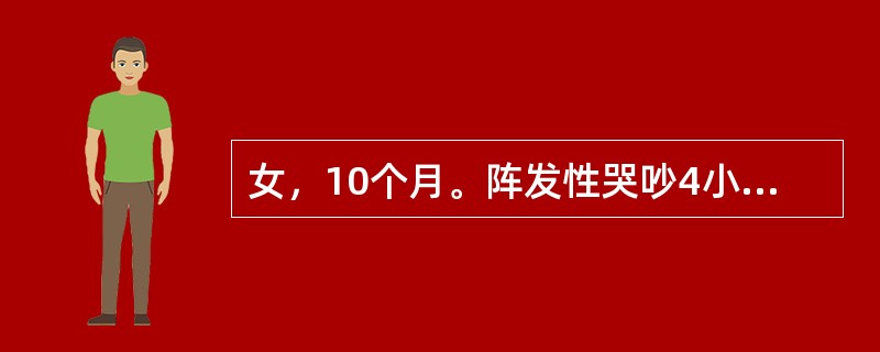 女，10个月。阵发性哭吵4小时，呕吐3次急诊入院。查体：安静，发育好，腹平软，右下腹有空虚感，脐右上扪及一软块，肛指检查有少量黄软便。诊断首先应考虑下列哪项？（　　）