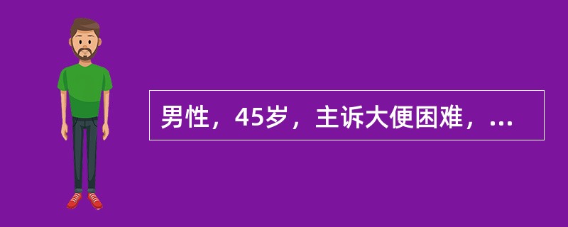 男性，45岁，主诉大便困难，尿频半年，肛门指诊可触及直肠前壁外压性肿物，行CT检查示盆腔巨大肿物，为囊性，约20cm×18cm，边界清楚，包膜完整，位于直肠后方、骶骨前方，对直肠及膀胱均有压迫。诊断考