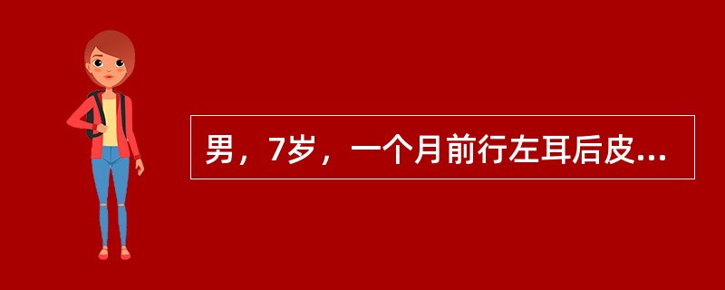 男，7岁，一个月前行左耳后皮肤扩张全耳再造术（取自体肋软骨支架），一周前局部皮肤破溃，支架外露，查体：左耳轮中上1/3可见1cm×0.6cm支架外露。经一周换药后外露面积无明显改变，创面无明显分泌物，