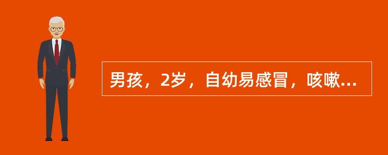 男孩，2岁，自幼易感冒，咳嗽一年来渐发现其胸部凹陷，突肚，呼吸增快，跑步后喘气。检查胸骨下段凹陷，气急，呼吸音粗。可能的诊断是（　　）。