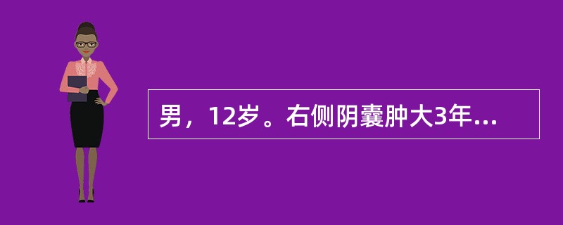 男，12岁。右侧阴囊肿大3年，晨起变小，活动后增大。查体：右侧阴囊肿大，可触及囊性感，挤压时缩小，缩小时睾丸可触及正常大小，透光实验为阳性，该患者诊断为（　　）。