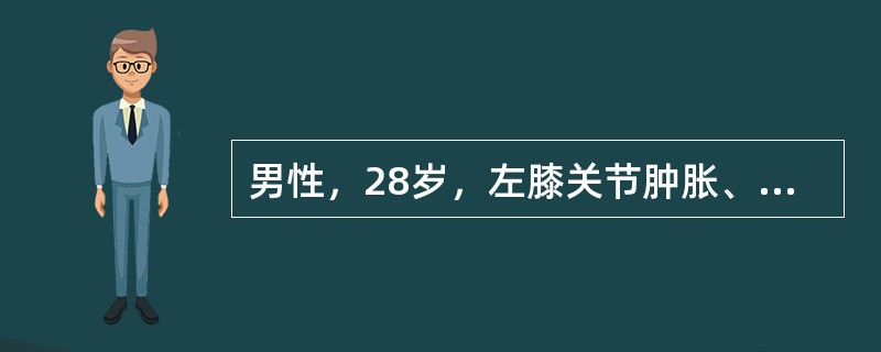 男性，28岁，左膝关节肿胀、疼痛，伴低热，盗汗，纳差3个月，查体：消瘦、贫血面容，体温37°，血沉50mm/L，左膝关节梭形肿胀，浮膑试验阳性。X线片示关节间隙增宽，骨质疏松，未见骨质破坏。最可能的诊