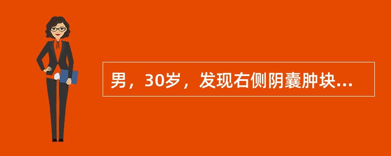 男，30岁，发现右侧阴囊肿块2周，无痛。体检：右附睾尾部可扪及不规则硬结，与阴囊皮肤粘连。最可能的诊断是（　　）。