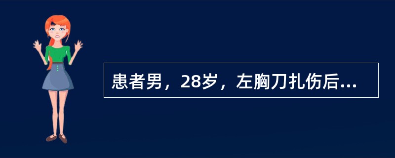患者男，28岁，左胸刀扎伤后半小时来院就诊，胸片检查示左侧胸腔镜积液，行闭式引流后，即刻引出400ml不凝血，后急诊留观输液监测，此后4小时内，生命体征平稳，但每小时胸引管均可引出约110ml血性液体