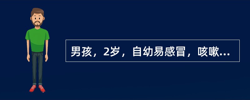 男孩，2岁，自幼易感冒，咳嗽一年来渐发现其胸部凹陷，突肚，呼吸增快，跑步后喘气。检查胸骨下段凹陷，气急，呼吸音粗。可能的诊断是（　　）。