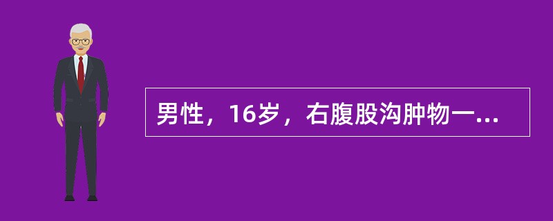 男性，16岁，右腹股沟肿物一年，无疼痛。体检：右腹股沟内侧肿物2cm×2cm，无触痛，平卧可消失，右侧外环口直径2cm，松弛此病人应首先考虑诊断（　　）。