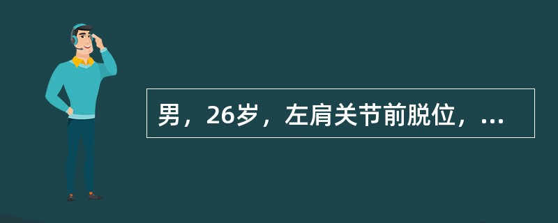 男，26岁，左肩关节前脱位，经手法复位后固定，其肩关节固定的位置为（　　）。