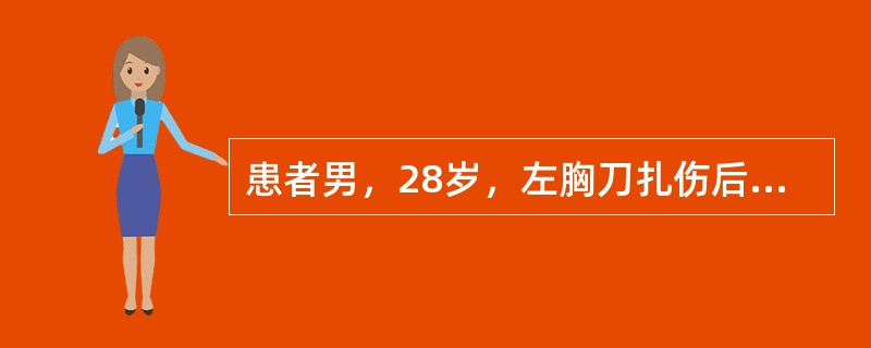 患者男，28岁，左胸刀扎伤后半小时来院就诊，胸片检查示左侧胸腔镜积液，行闭式引流后，即刻引出400ml不凝血，后急诊留观输液监测，此后4小时内，生命体征平稳，但每小时胸引管均可引出约110ml血性液体