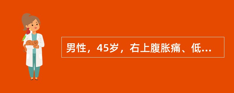 男性，45岁，右上腹胀痛、低热及贫血3个月余，2小时前突感头晕、右上腹剧痛。查体；脉搏120/min，血压10.5/7kPa（79/53mmHg），体温37℃，面色苍白，腹部饱满，全腹有压痛和肌紧张，