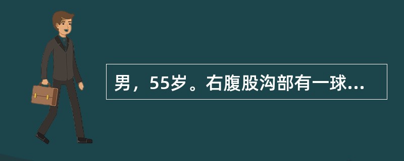 男，55岁。右腹股沟部有一球形肿块约2年余。肿块逐渐增大，站立时即刻出现，平卧时自行消退。查体：右腹股沟部内侧及耻骨结节外上方有一球形包块，未进入阴囊，可用手回纳，咳嗽时有膨胀性冲击感，压腹股沟韧带中