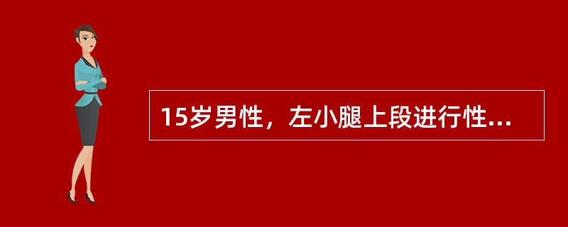 15岁男性，左小腿上段进行性疼痛3个月余，偶有轻微发热；查体：左小腿上段外侧方可触及一质硬包块，有轻微压痛。左下肢X线片示：左侧腓骨骨干边界模糊，存在不规则的破坏区，周围伴“葱皮样”反应骨形成。在采集