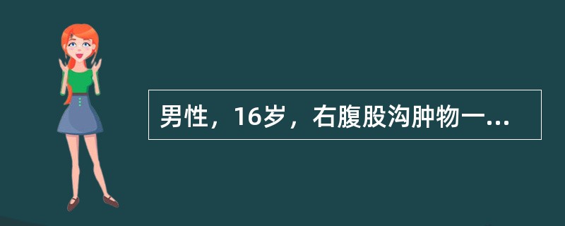 男性，16岁，右腹股沟肿物一年，无疼痛。体检：右腹股沟内侧肿物2cm×2cm，无触痛，平卧可消失，右侧外环口直径2cm，松弛此病人应首先考虑诊断（　　）。