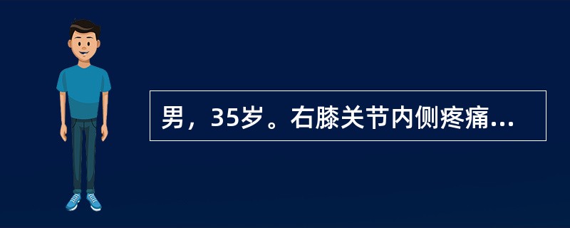 男，35岁。右膝关节内侧疼痛、肿胀半年，曾在外院摄X线片，见右胫骨上端内侧有一5cm×4cm大小透光区，中间有肥皂泡沫阴影，骨端膨大。近1个月来肿胀明显加重，夜问疼痛难忍，右膝关节活动受限。入院后X线