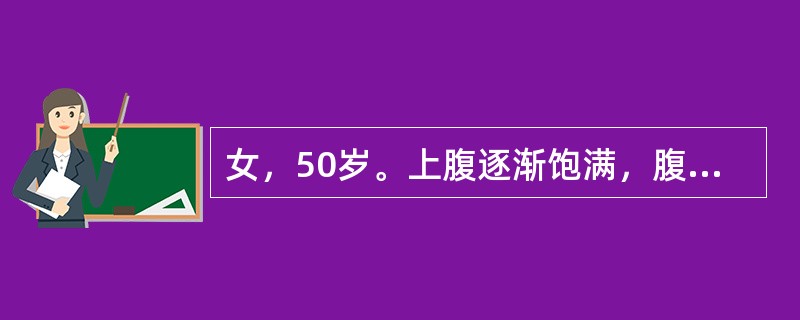 女，50岁。上腹逐渐饱满，腹胀1个月，2个月前曾患有“急性胰腺炎”。查体：体温37.0℃，呼吸22次/分，心率90次/分，血压110/80mmHg，上腹膨隆，可扪及半球形，光滑的肿物，无明显压痛。下列