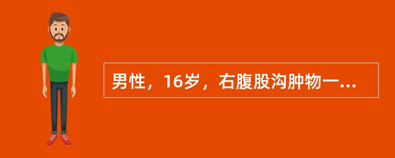 男性，16岁，右腹股沟肿物一年，无疼痛。体检：右腹股沟内侧肿物2cm×2cm，无触痛，平卧可消失，右侧外环口直径2cm，松弛此病人应首先考虑诊断（　　）。