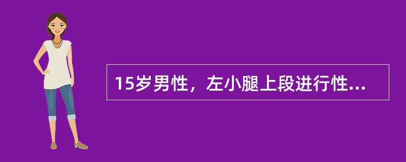 15岁男性，左小腿上段进行性疼痛3个月余，偶有轻微发热；查体：左小腿上段外侧方可触及一质硬包块，有轻微压痛。左下肢X线片示：左侧腓骨骨干边界模糊，存在不规则的破坏区，周围伴“葱皮样”反应骨形成。除骨核