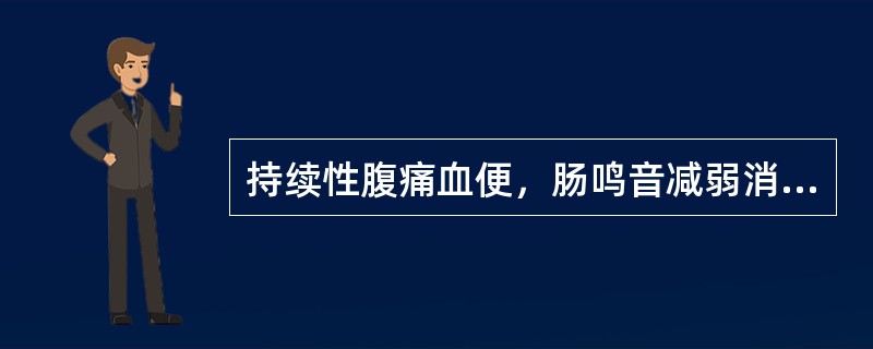 持续性腹痛血便，肠鸣音减弱消失有腹膜刺激征时常见于（　　）。