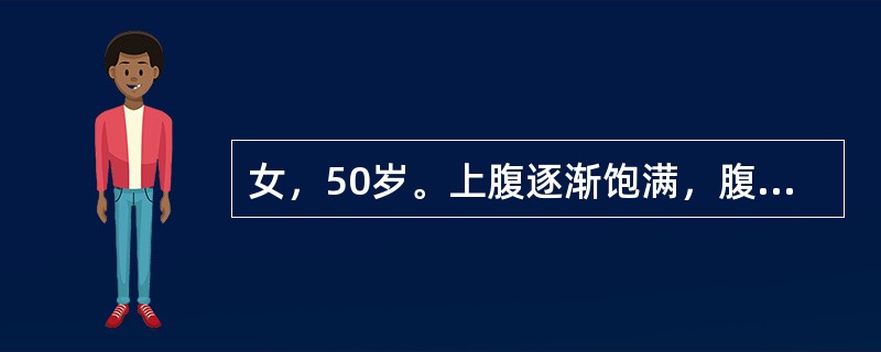 女，50岁。上腹逐渐饱满，腹胀1个月，2个月前曾患有“急性胰腺炎”。查体：体温37.0℃，呼吸22次/分，心率90次/分，血压110/80mmHg，上腹膨隆，可扪及半球形，光滑的肿物，无明显压痛。下列