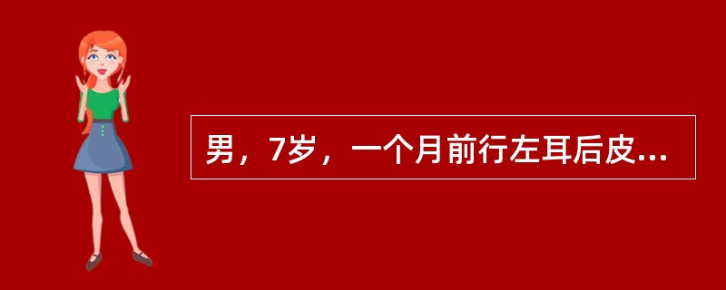 男，7岁，一个月前行左耳后皮肤扩张全耳再造术（取自体肋软骨支架），一周前局部皮肤破溃，支架外露，查体：左耳轮中上1/3可见1cm×0.6cm支架外露。经一周换药后外露面积无明显改变，创面无明显分泌物，